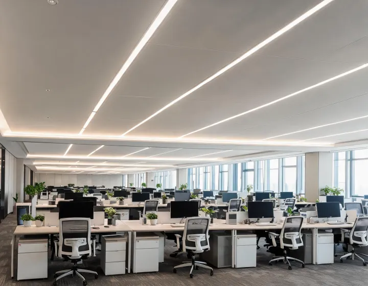 Installed linear luminaires in a contemporary office